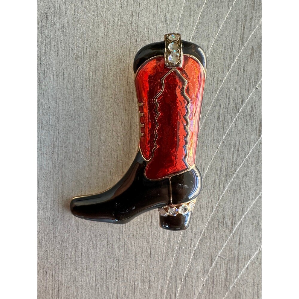 Vintage Cowboy Boot Brooch Red Black Enamel Glitter Western Pin 2” rodeo country